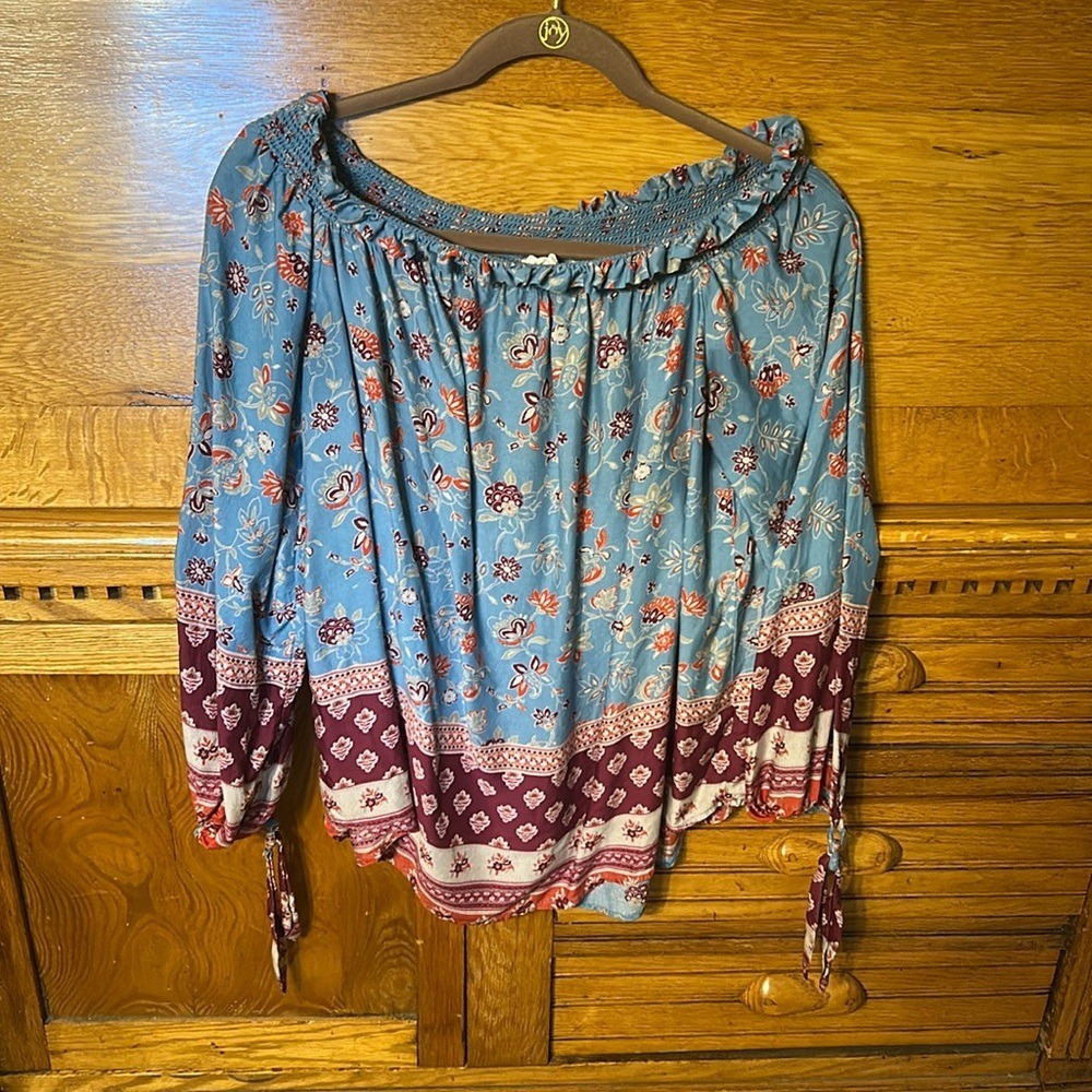 Beachlunchlounge Boho Peasant Blue Floral Paisley Off Shoulder Smocked Blouse‎